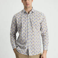 White Long Sleeve Slim Fit Printed Cotton Sport Shirt