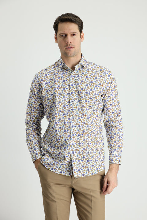 White Long Sleeve Slim Fit Printed Cotton Sport Shirt