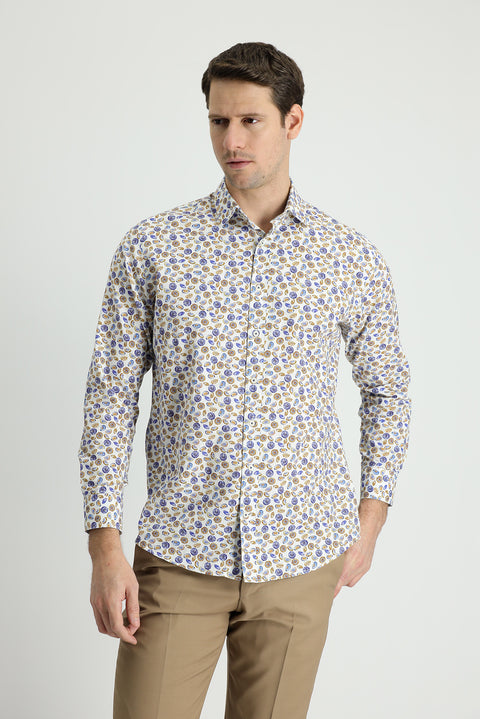 White Long Sleeve Slim Fit Printed Cotton Sport Shirt