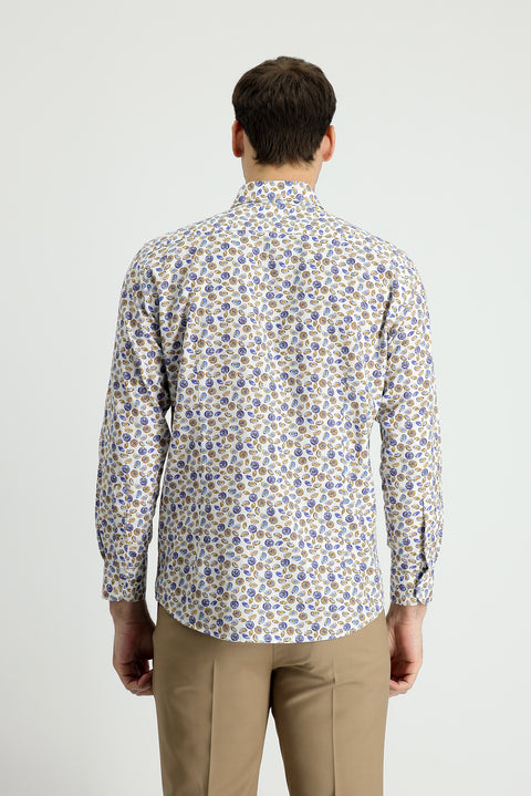 White Long Sleeve Slim Fit Printed Cotton Sport Shirt