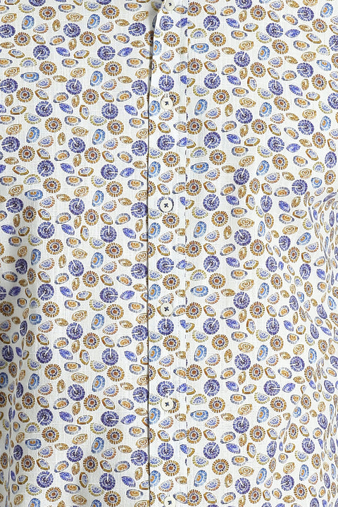 White Long Sleeve Slim Fit Printed Cotton Sport Shirt