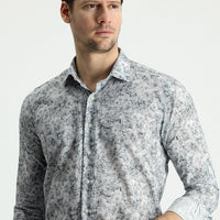 Medium Grey Long Sleeve Slim Fit Printed Cotton Shirt