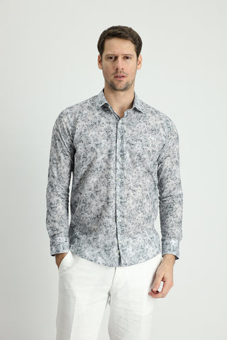  Orta Gri Uzun Kol Slim Fit Dar Kesim Baskılı Pamuk Gömlek