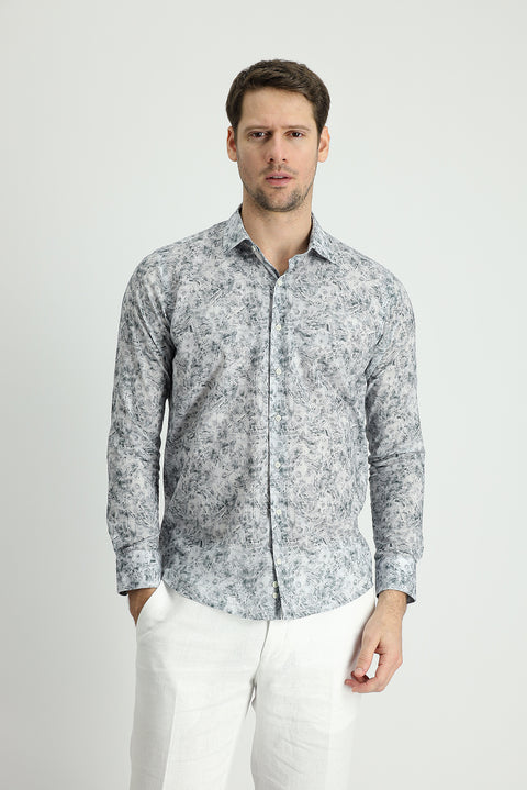 Medium Grey Long Sleeve Slim Fit Printed Cotton Shirt