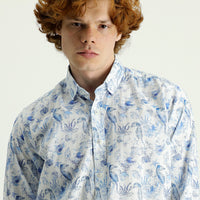 Dark Blue Long Sleeve Slim Fit Printed Cotton Linen Shirt