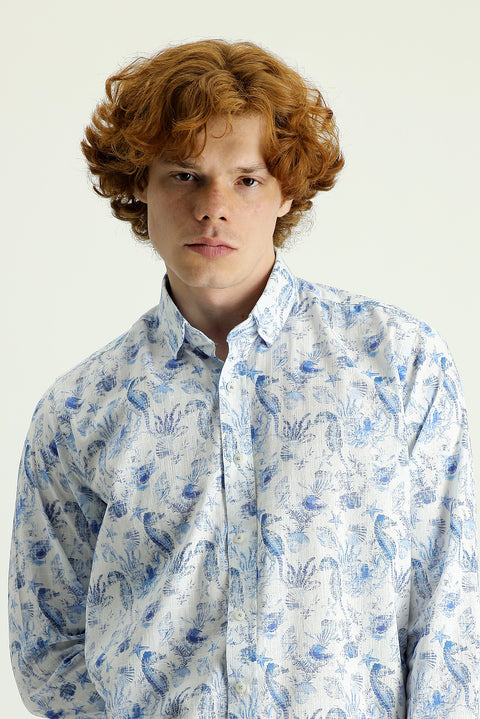 Dark Blue Long Sleeve Slim Fit Printed Cotton Linen Shirt