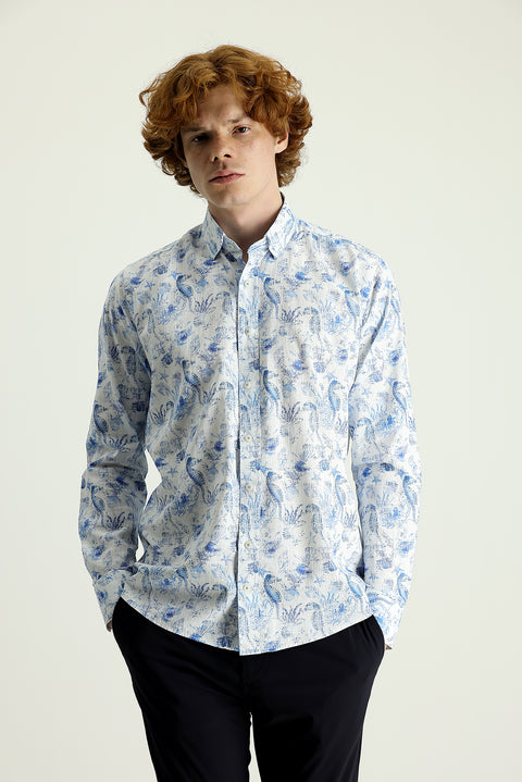 Dark Blue Long Sleeve Slim Fit Printed Cotton Linen Shirt