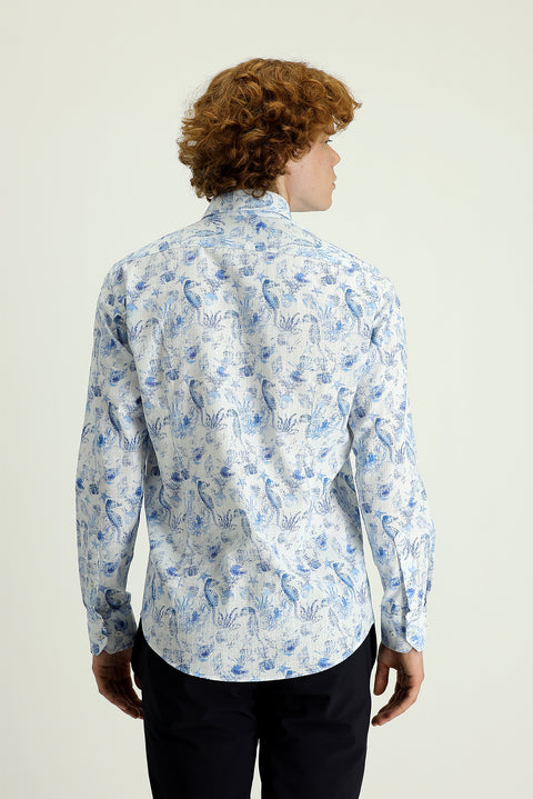 Dark Blue Long Sleeve Slim Fit Printed Cotton Linen Shirt