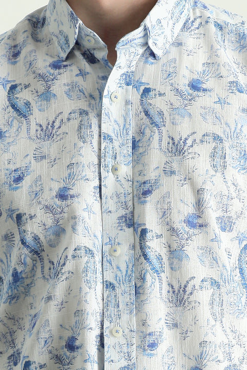 Dark Blue Long Sleeve Slim Fit Printed Cotton Linen Shirt