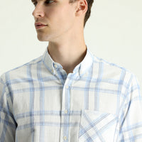 Light Blue Short Sleeve Regular Fit Plaid Cotton Sport Shirt