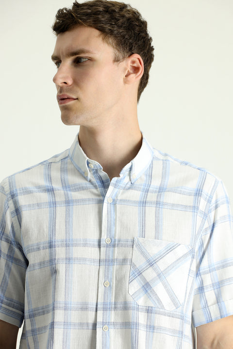 Light Blue Short Sleeve Regular Fit Plaid Cotton Sport Shirt
