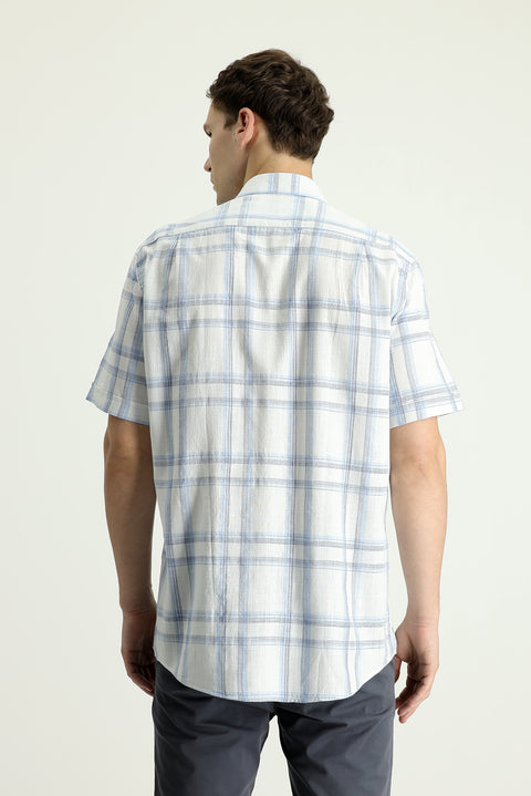 Light Blue Short Sleeve Regular Fit Plaid Cotton Sport Shirt