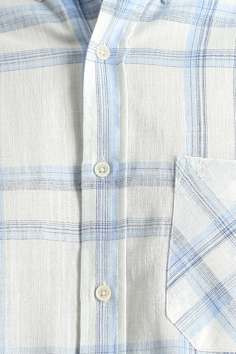 Light Blue Short Sleeve Regular Fit Plaid Cotton Sport Shirt
