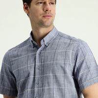 Dark Blue Short Sleeve Regular Fit Plaid Cotton Linen Blend Shirt