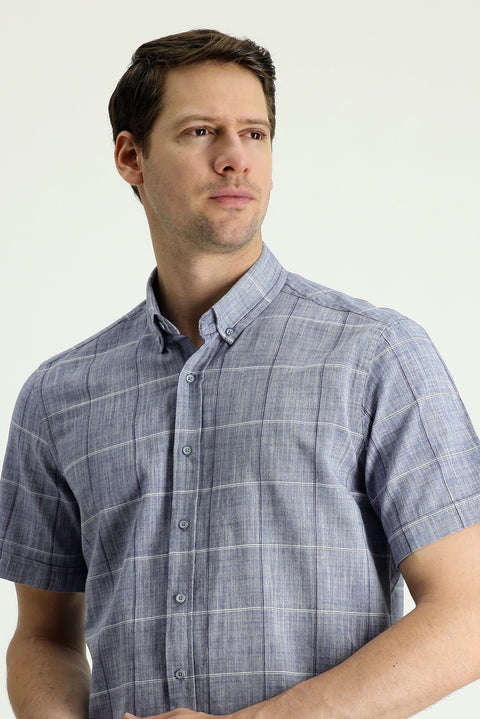 Dark Blue Short Sleeve Regular Fit Plaid Cotton Linen Blend Shirt