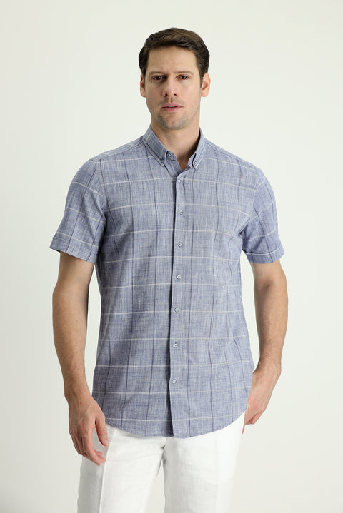 Dark Blue Short Sleeve Regular Fit Plaid Cotton Linen Blend Shirt