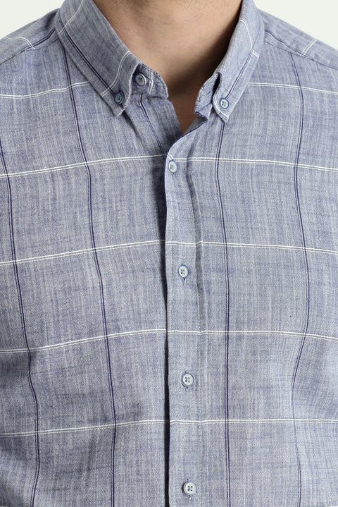 Dark Blue Short Sleeve Regular Fit Plaid Cotton Linen Blend Shirt
