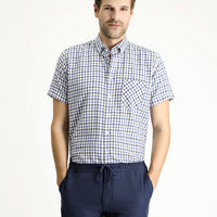 Medium Navy Short Sleeve Regular Fit Plaid Cotton Shirt