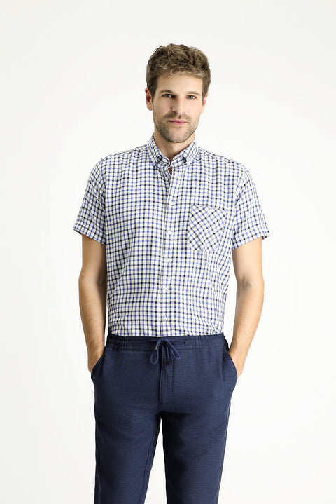 Medium Navy Short Sleeve Regular Fit Plaid Cotton Shirt