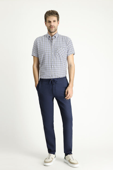 Medium Navy Short Sleeve Regular Fit Plaid Cotton Shirt