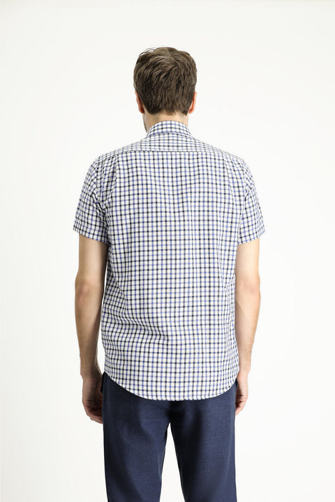 Medium Navy Short Sleeve Regular Fit Plaid Cotton Shirt