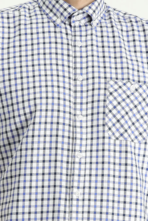 Medium Navy Short Sleeve Regular Fit Plaid Cotton Shirt