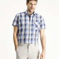 Light Blue Short Sleeve Regular Fit Plaid Cotton Shirt