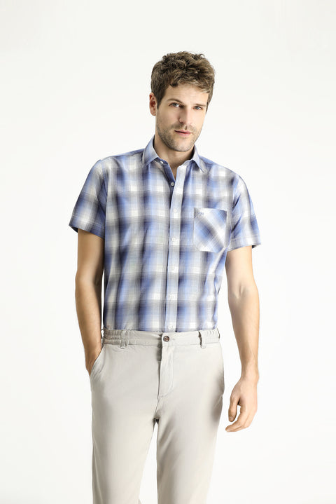Light Blue Short Sleeve Regular Fit Plaid Cotton Shirt