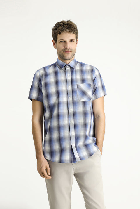 Light Blue Short Sleeve Regular Fit Plaid Cotton Shirt
