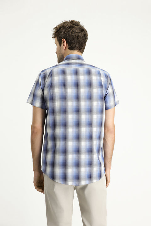 Light Blue Short Sleeve Regular Fit Plaid Cotton Shirt