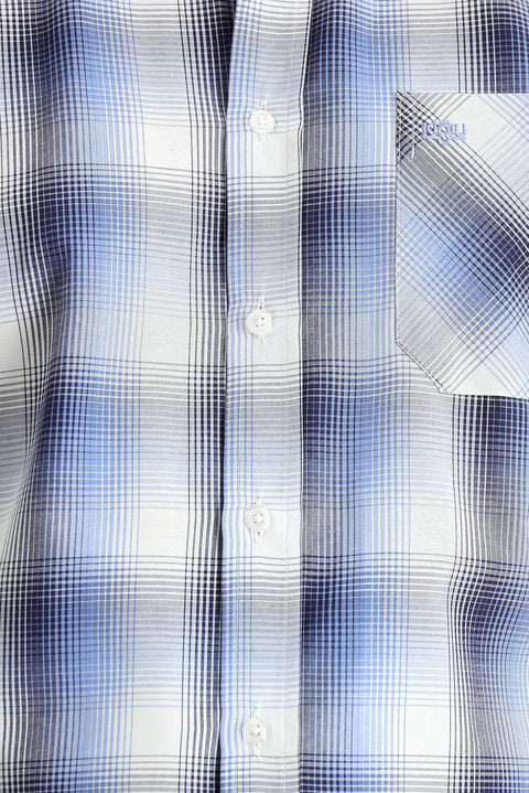 Light Blue Short Sleeve Regular Fit Plaid Cotton Shirt