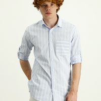Light Blue Long Sleeve Slim Fit Striped Cotton Sport Shirt