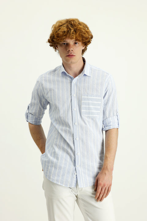Light Blue Long Sleeve Slim Fit Striped Cotton Sport Shirt
