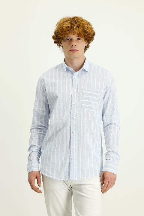Light Blue Long Sleeve Slim Fit Striped Cotton Sport Shirt