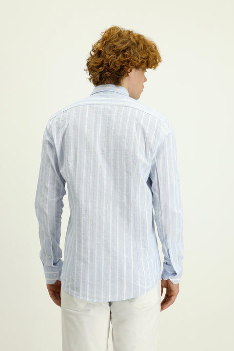 Light Blue Long Sleeve Slim Fit Striped Cotton Sport Shirt