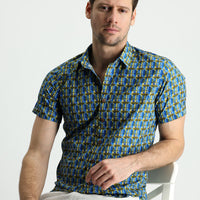 Dark Blue Short Sleeve Slim Fit Printed Cotton Shirt