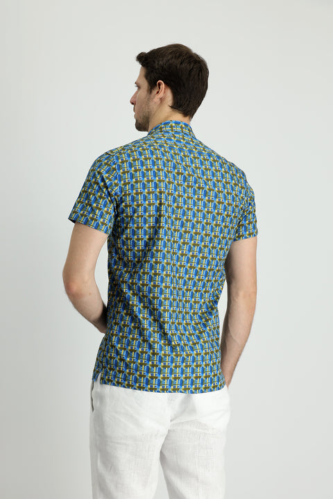 Dark Blue Short Sleeve Slim Fit Printed Cotton Shirt