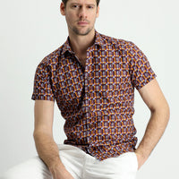 Dark Burgundy Short Sleeve Slim Fit Printed Cotton Shirt