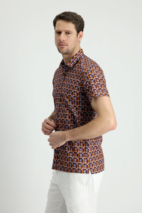 Dark Burgundy Short Sleeve Slim Fit Printed Cotton Shirt