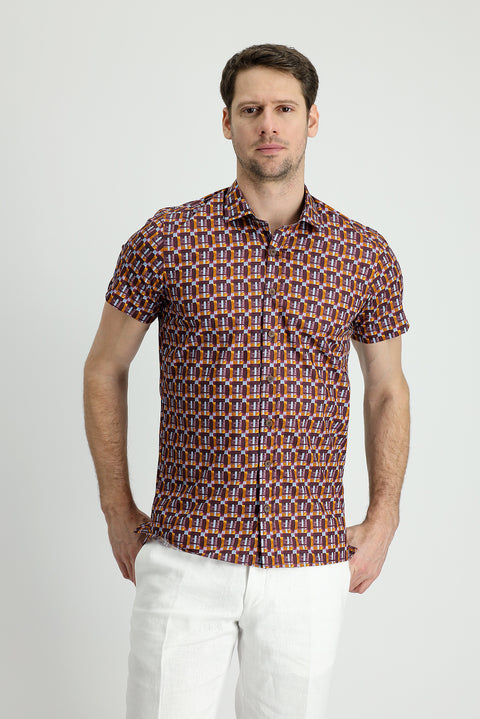 Dark Burgundy Short Sleeve Slim Fit Printed Cotton Shirt