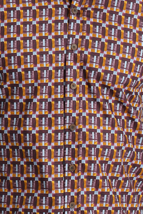 Dark Burgundy Short Sleeve Slim Fit Printed Cotton Shirt