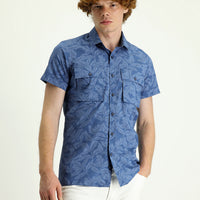 Dark Blue Short Sleeve Slim Fit Printed Cotton Shirt
