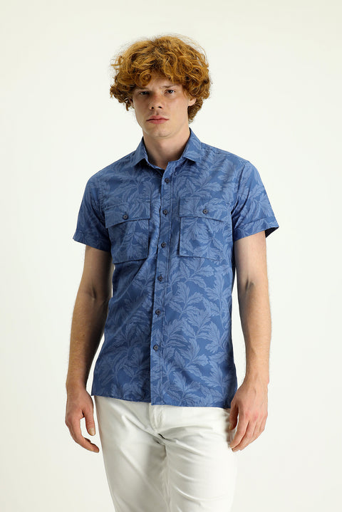 Dark Blue Short Sleeve Slim Fit Printed Cotton Shirt