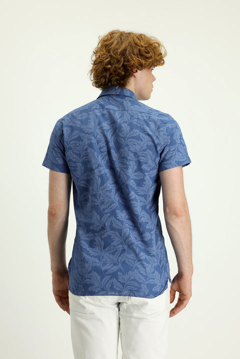 Dark Blue Short Sleeve Slim Fit Printed Cotton Shirt