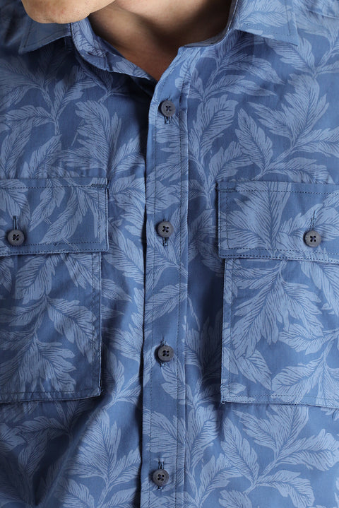 Dark Blue Short Sleeve Slim Fit Printed Cotton Shirt