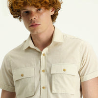 Cream Short Sleeve Slim Fit Printed Cotton Shirt