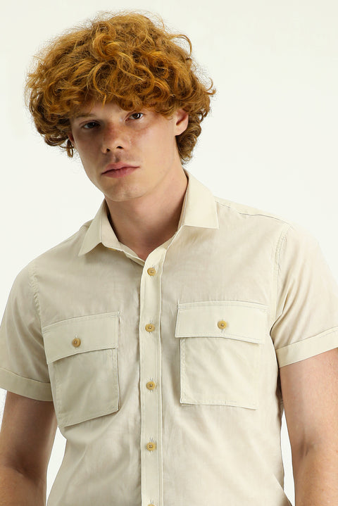 Cream Short Sleeve Slim Fit Printed Cotton Shirt