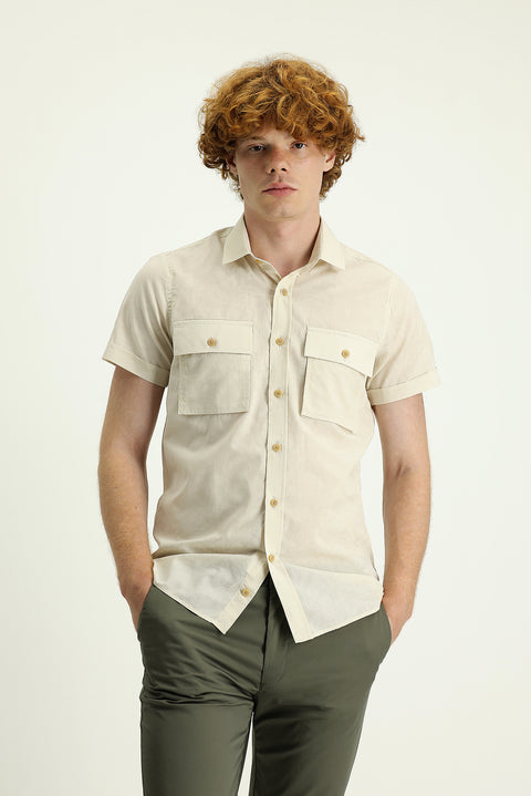 Cream Short Sleeve Slim Fit Printed Cotton Shirt