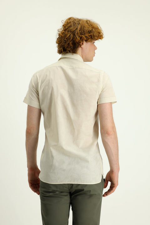 Cream Short Sleeve Slim Fit Printed Cotton Shirt