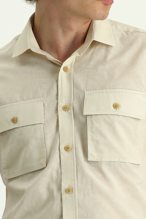 Cream Short Sleeve Slim Fit Printed Cotton Shirt
